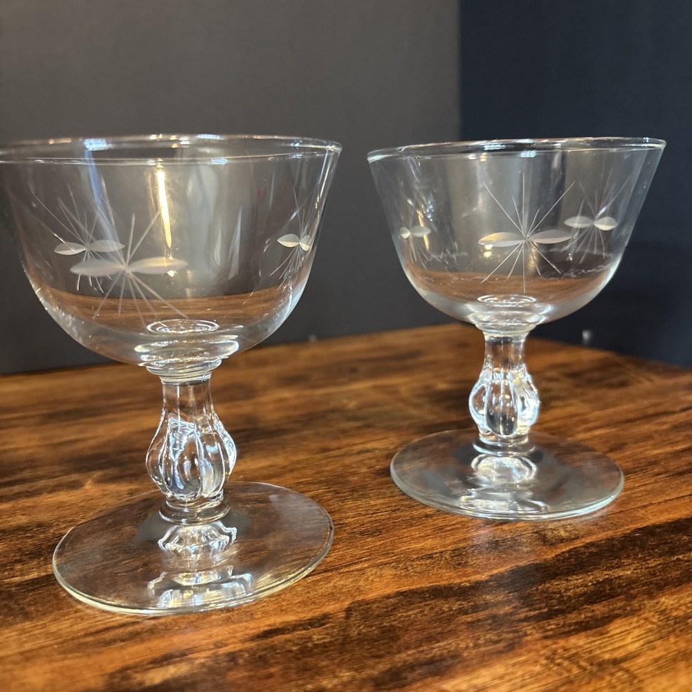 VINTAGE Libbey Champagne Sherbet Glasses 6 oz. STARGLOW Etched Clear Set Of‎ 2